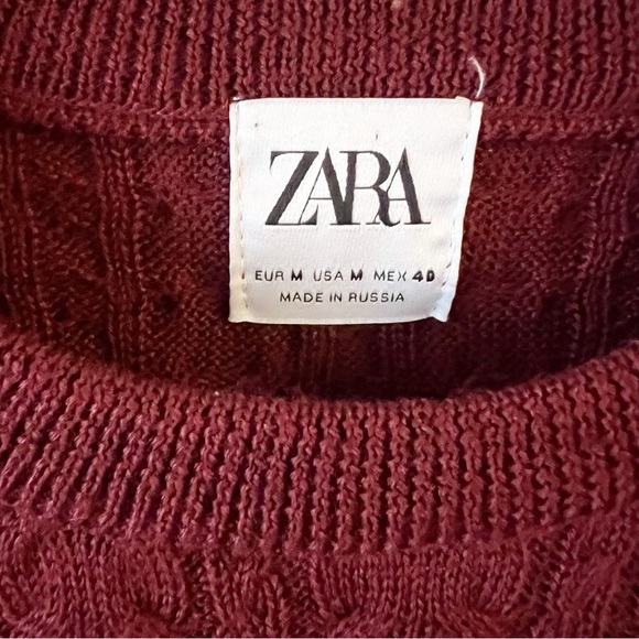 Zara Crewneck Maroon Cable Knit Sweater Size Medium Long Sleeves - Picture 4 of 7